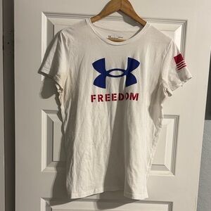 Under Armour White Short Sleeve Tee with Blue Logo and Red 'Freedom' Text